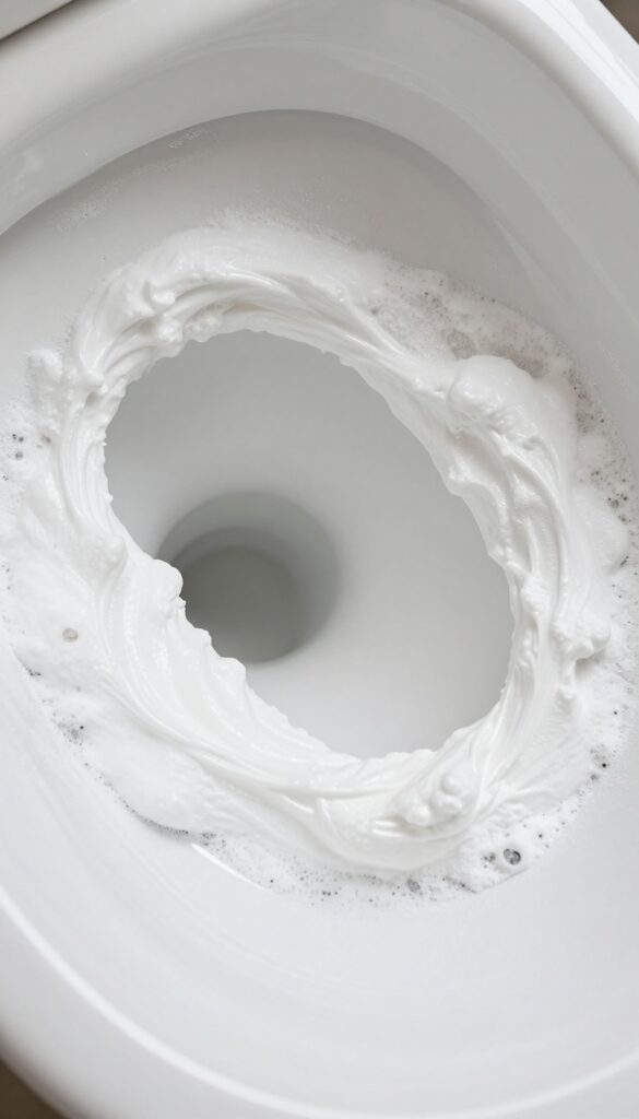 Applying baking soda paste to hard water stains inside a toilet tank