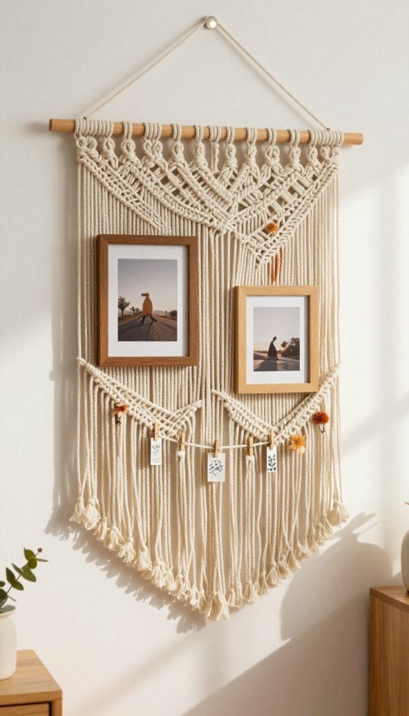 Macrame wall hanging with pockets displaying small framed photos and dried flowers in a cozy living room corner
