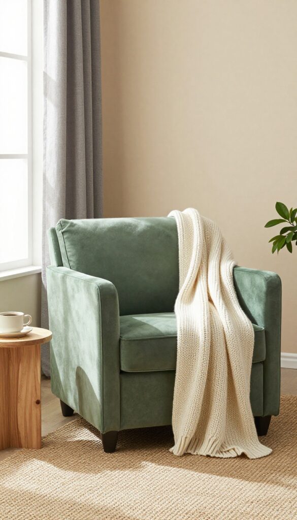 Sage green velvet armchair in a cozy reading nook with natural light, wool throw, jute rug, and side table