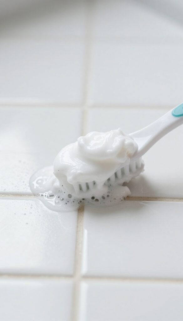 Close-up of baking soda and hydrogen peroxide paste fizzing on grout lines during cleaning