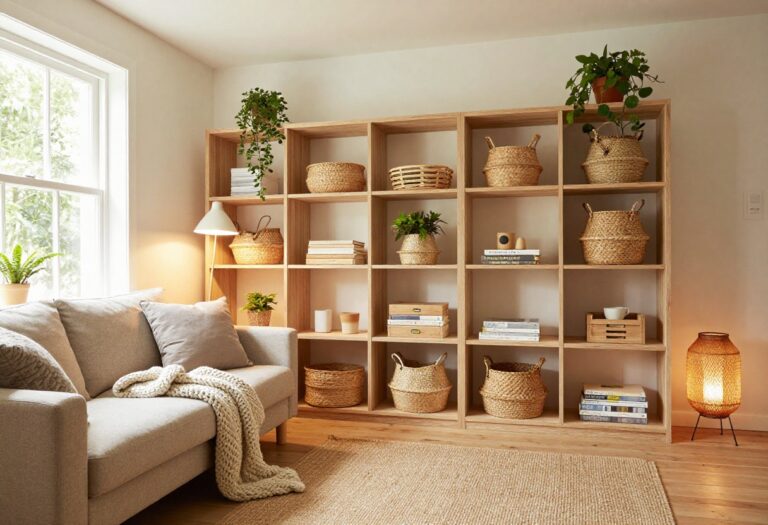 Cozy Ikea living room with KALLAX shelf, baskets, plants, and warm lighting