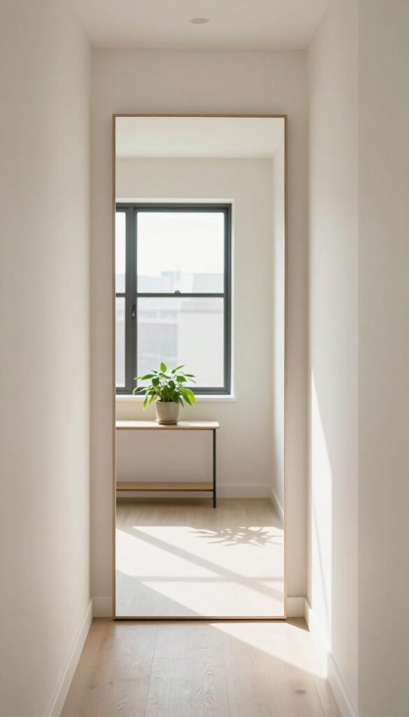 Narrow living room with a large mirror at the far end reflecting light and space