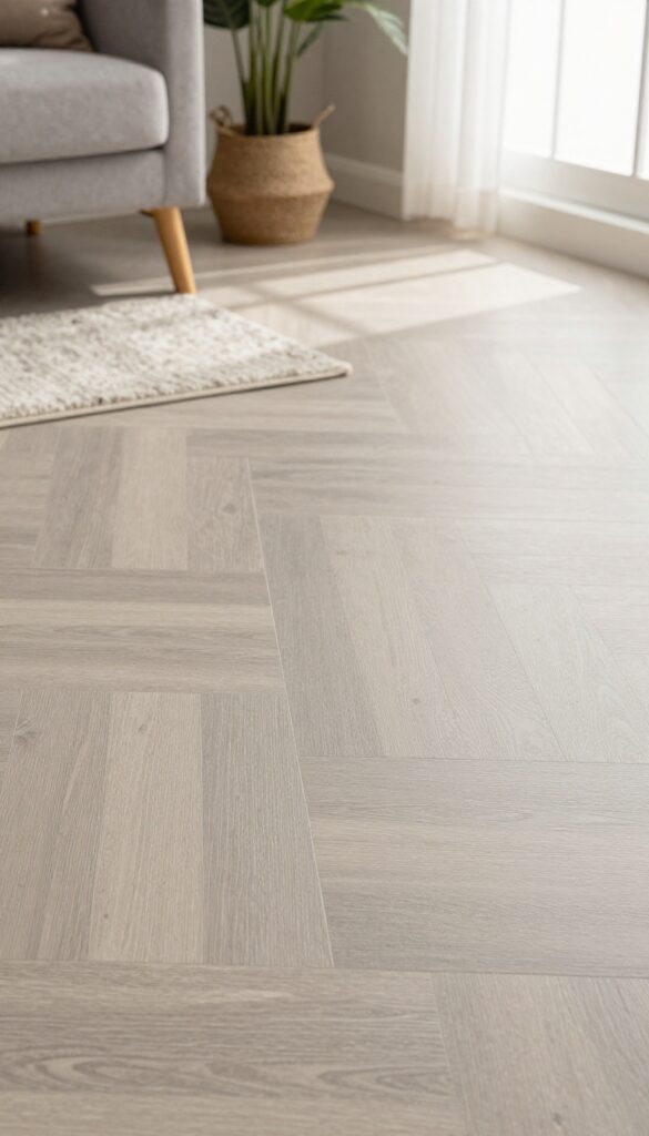 Peel-and-stick vinyl tiles in herringbone pattern on living room floor, warm gray and beige, with rug and plant