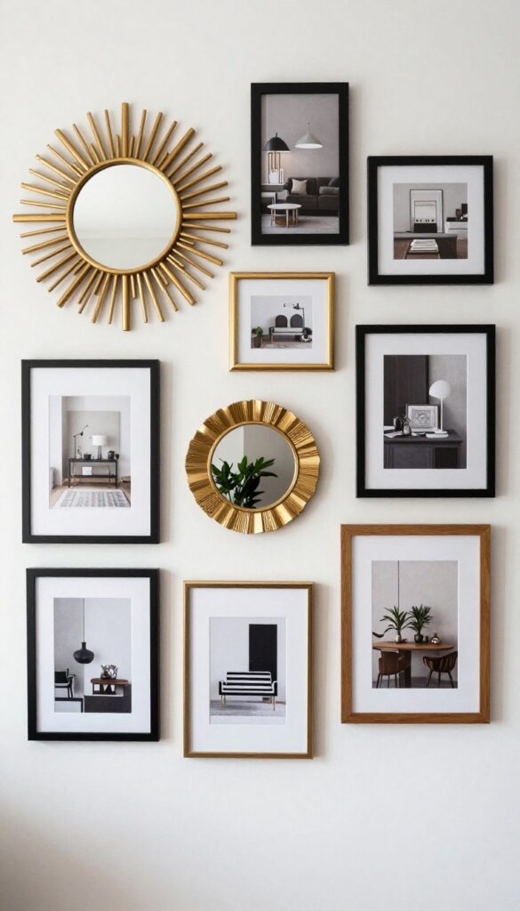 A gallery wall with mixed gold and black frames and a sunburst mirror in a glam living room.