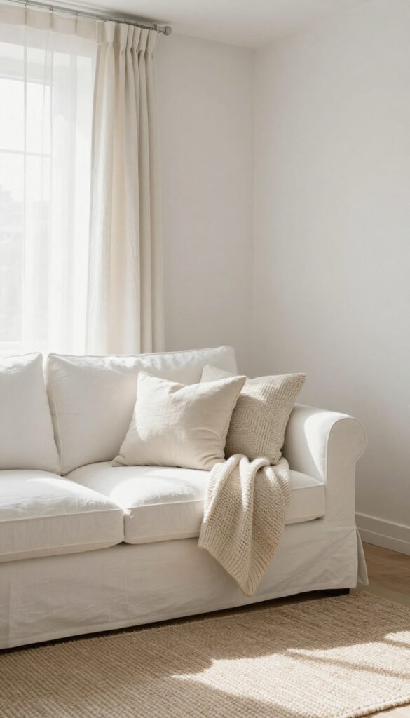 Bright white living room with layered textured throws and linen curtains on a jute rug