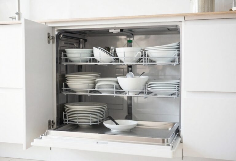 Open dishwasher with clean plates and glasses in a bright kitchen