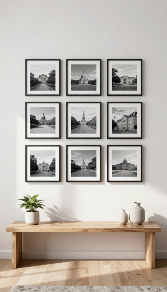 Modern living room with a grid of black-and-white travel photos in black frames on a white wall above a console table.