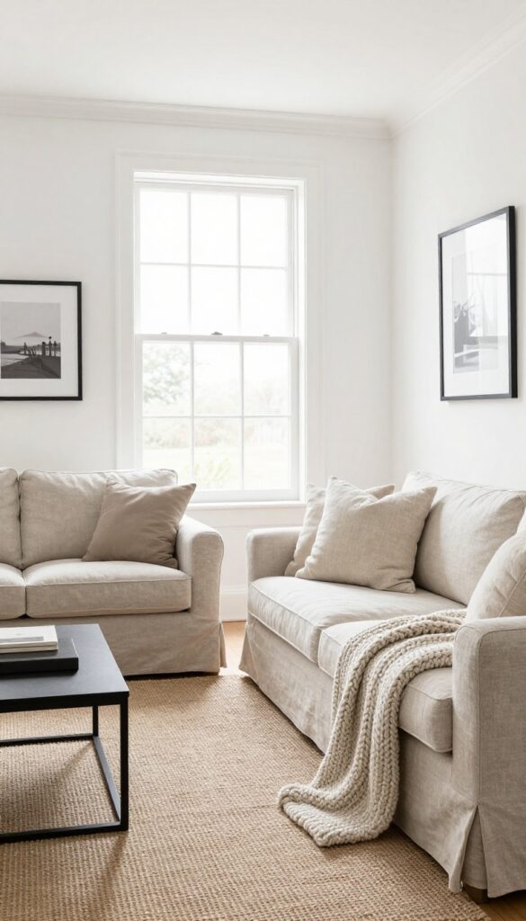 White living room with monochromatic walls and textured decor for a seamless, expansive look