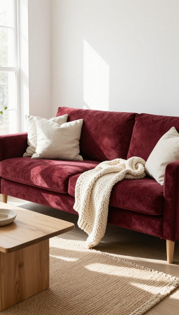 Bright living room with cream walls and burgundy velvet sofa