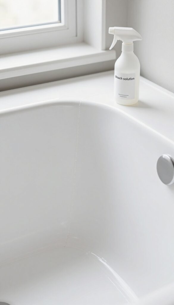 Clean bathtub corner with bleach spray bottle, mold-free grout, bright natural light