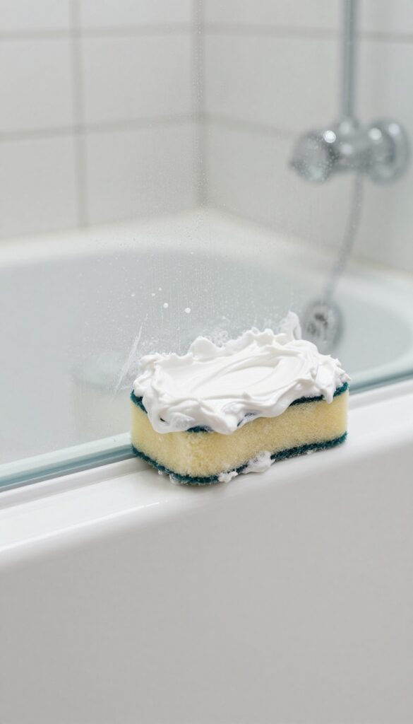 Applying baking soda paste on hard water spots on a glass shower door