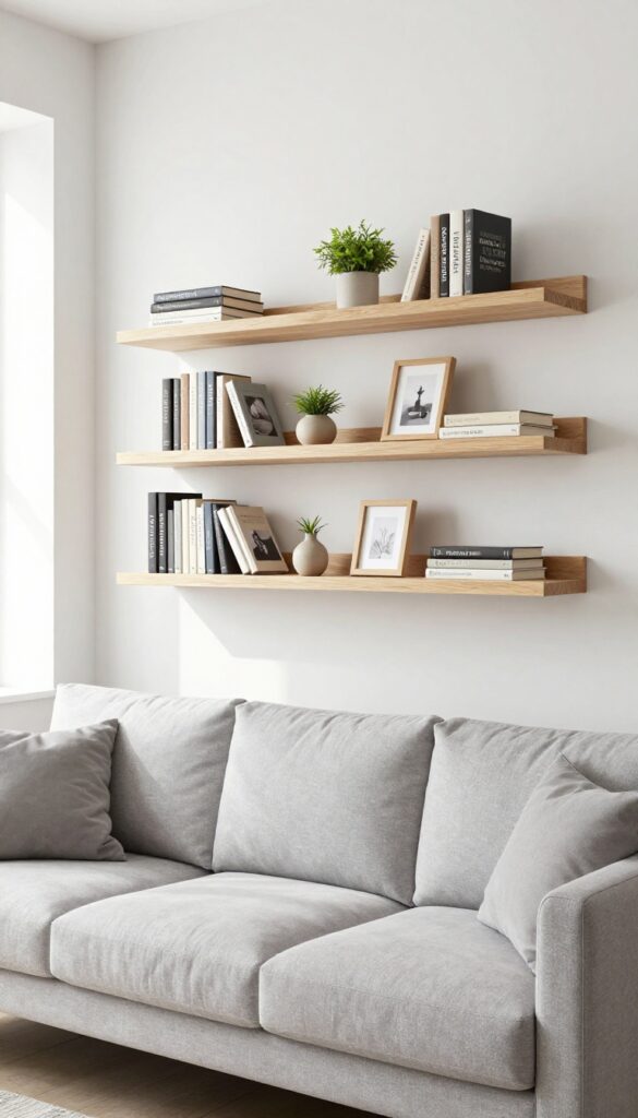 Floating shelves above a sofa in a small living room with books and decor