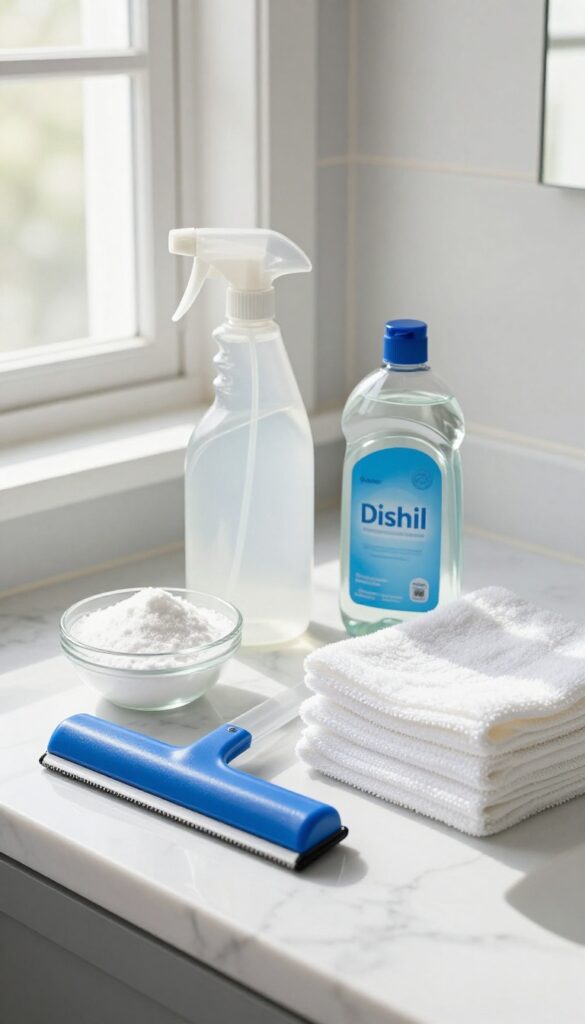 Flat lay of cleaning supplies for shower glass: vinegar, dish soap, baking soda, squeegee, and microfiber cloths on a marble countertop.