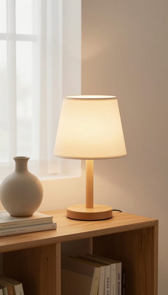 Bookshelf with clip-on task lamp highlighting ceramic vase and books, warm cozy lighting