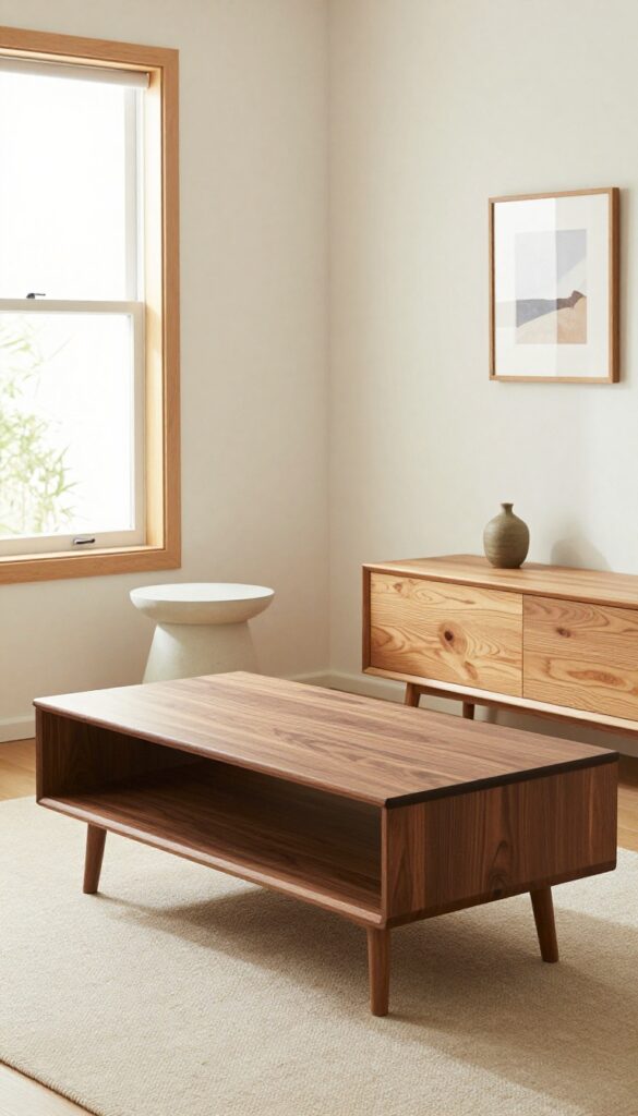 A living room with intentionally mixed wood tones, including a dark coffee table, light side table, and warm picture frame, bathed in natural light.