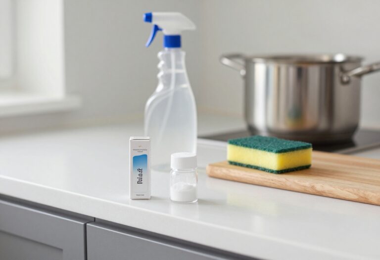 Baking soda and cleaning tools on a kitchen counter