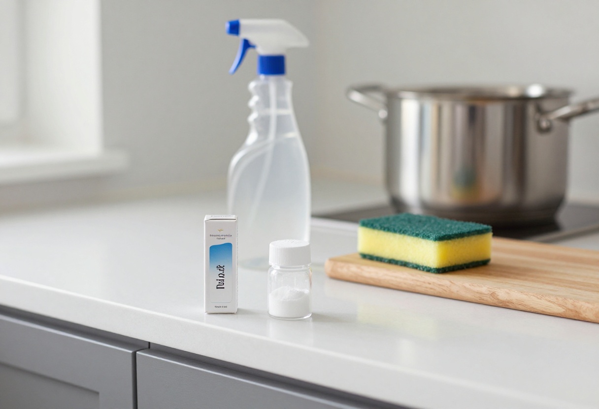 Baking soda and cleaning tools on a kitchen counter