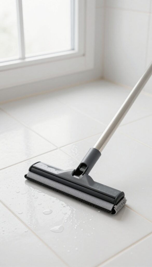 Shower floor with squeegee after use, bright natural light, clean tiles, no text