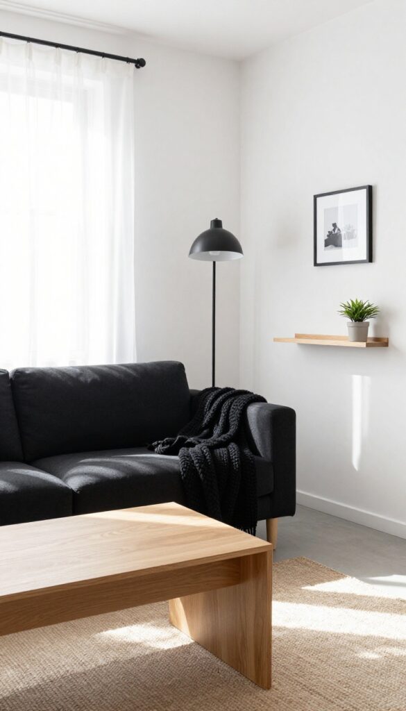 Small living room with white and black color scheme and natural wood accents