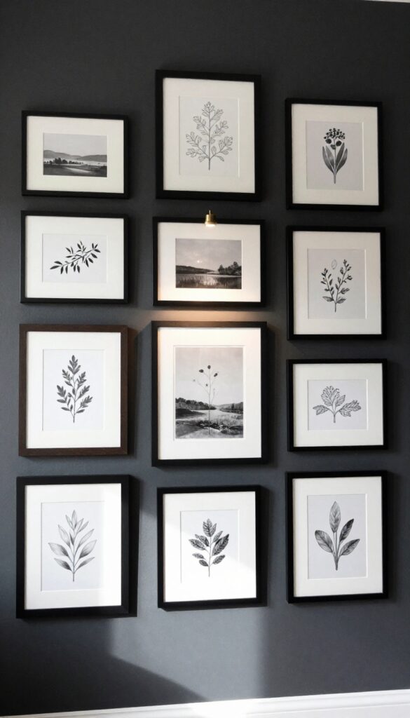 Moody gallery wall with dark frames and monochrome art in a charcoal living room