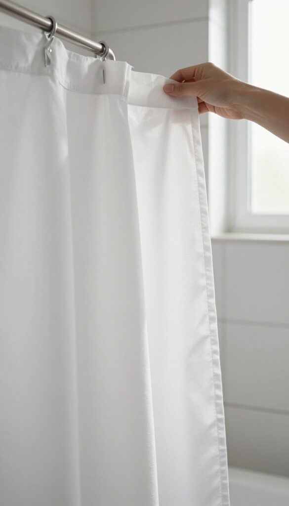 Hand lifting shower curtain to show care label