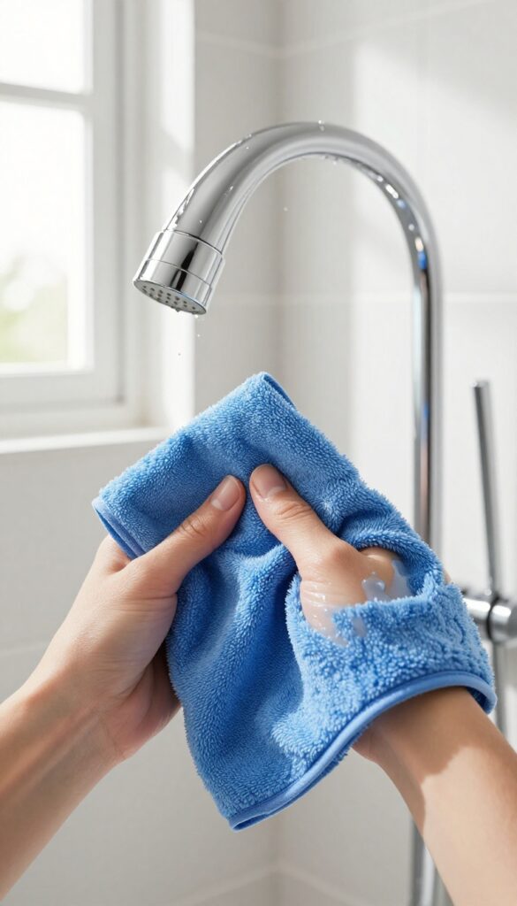Hand polishing a chrome shower head with a microfiber cloth to a streak-free shine