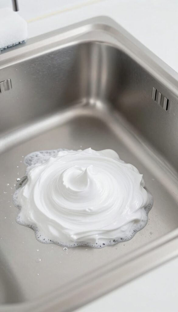 Deep cleaning a kitchen sink with baking soda and hydrogen peroxide paste