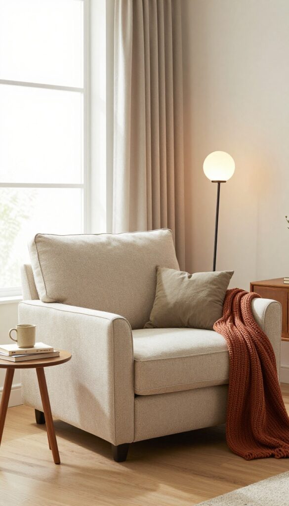 Cozy high-backed two-seater sofa in a small living room nook with warm lighting, round side table, floor lamp, and soft throws.