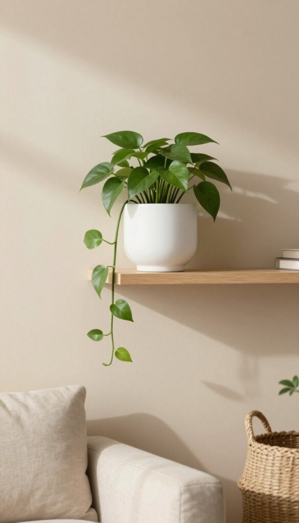 Floating shelf with trailing pothos plant in neutral living room