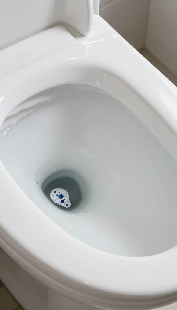 Toilet bowl filled with hot water and dish soap bubbles for a soaking cleaning method