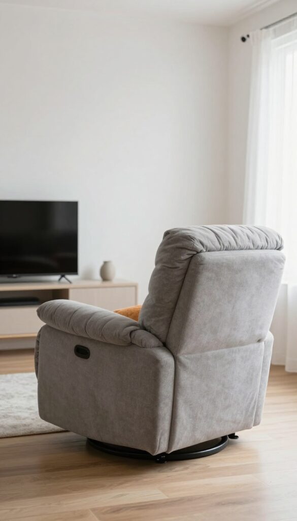 Small living room with a swivel recliner placed at an angle, facing both the TV and sofa, warm gray upholstery with a colorful seat cushion, bright natural light, clean and cozy decor.