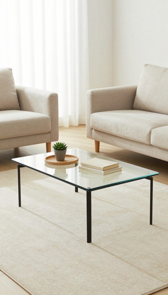 Minimalist living room with a glass coffee table featuring a thin black metal frame, a succulent, and a stack of books on a woven tray, with a beige sofa and cream rug.