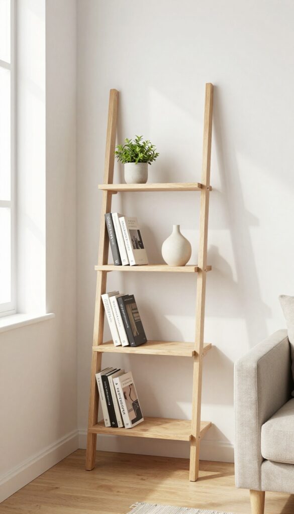 Small living room with a leaning ladder shelf displaying books and a plant, natural light, airy and uncluttered.