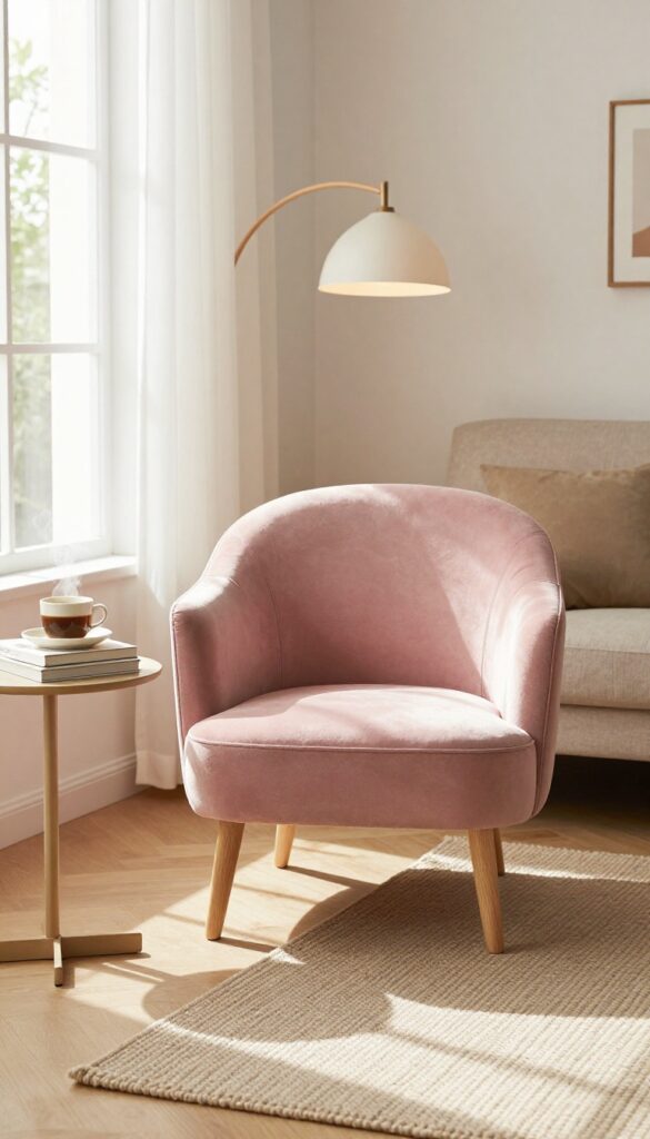 Small living room with a dusty rose velvet accent chair, side table, books, and floor lamp in a cozy corner