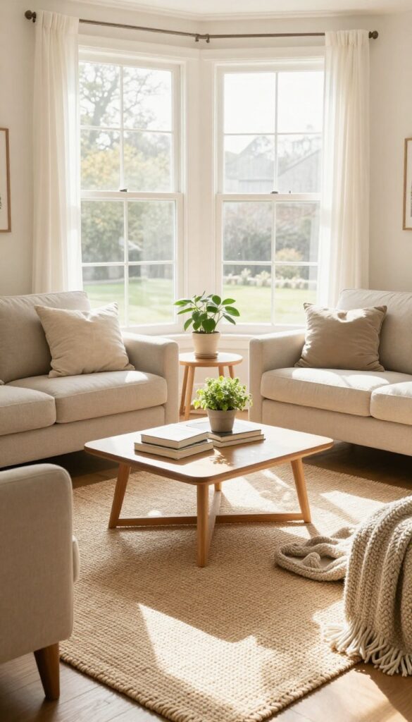 Cozy living room with furniture arranged for conversation, warm natural light, and inviting decor.