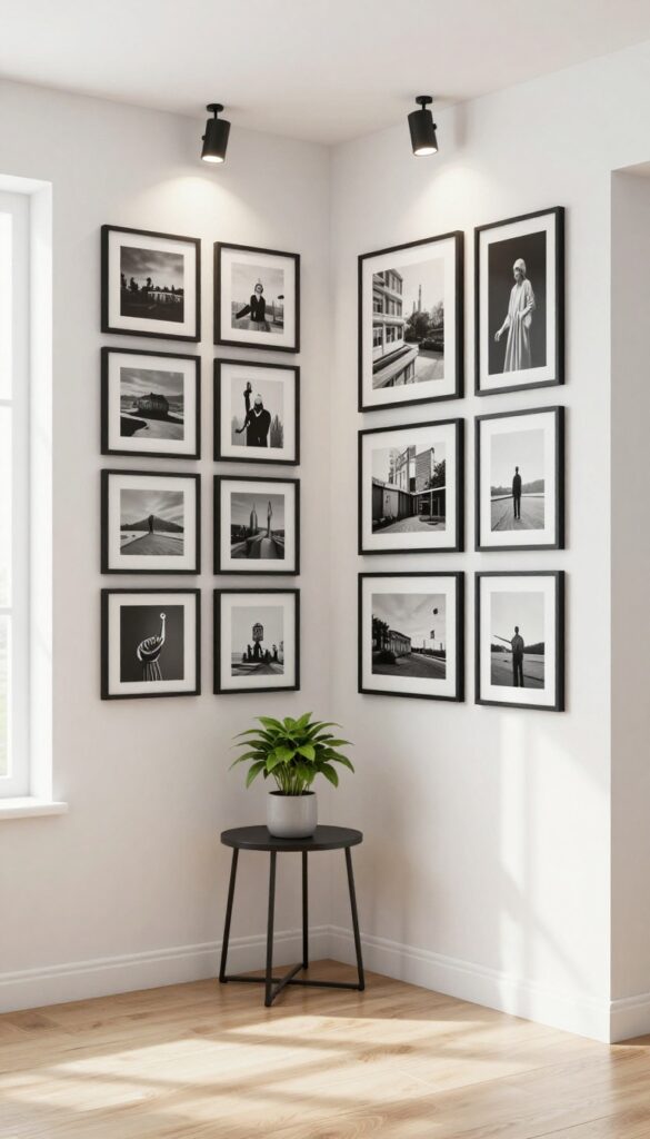 Corner photo wall in a modern living room with matching black frames and black-and-white prints, illuminated by a picture light.