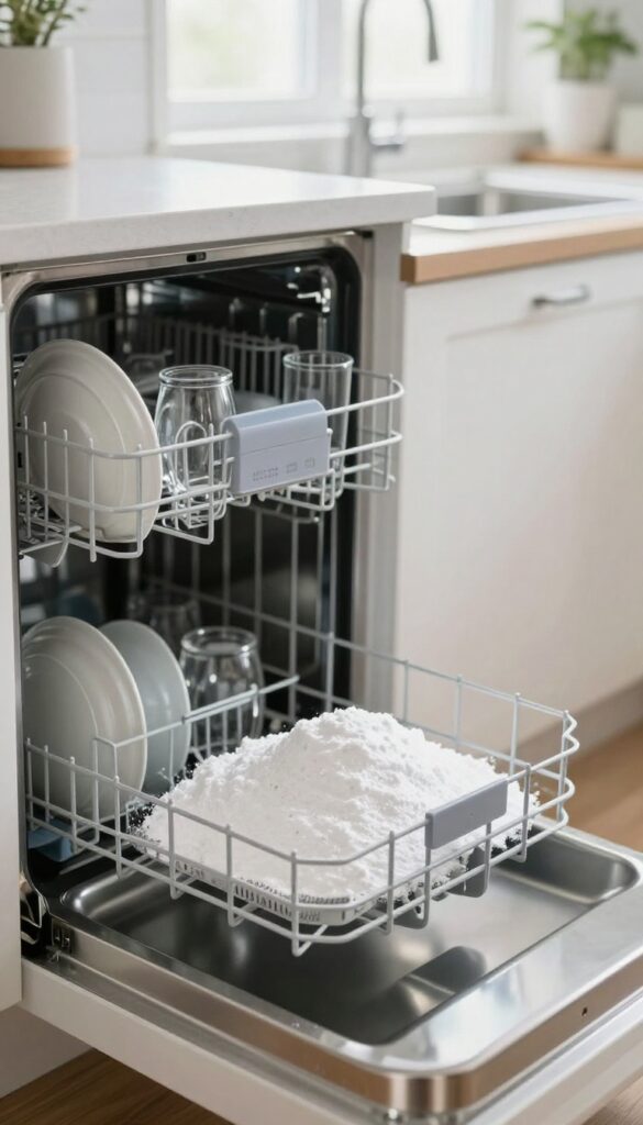 Open dishwasher with baking soda sprinkled on the bottom rack for odor removal