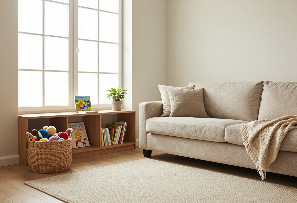 Cozy living room with woven toy basket and low bookshelf