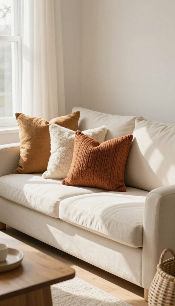 Cozy living room sofa with layered textured throw pillows in warm brown and beige tones