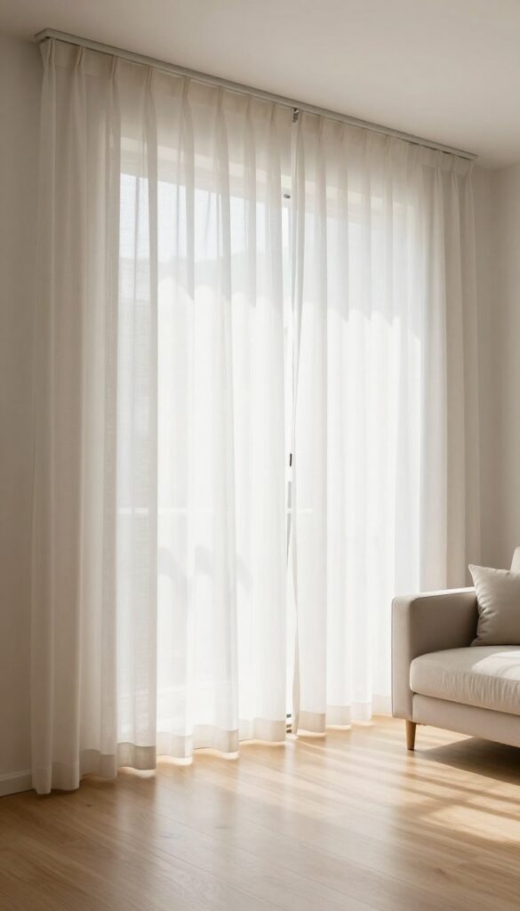 Living room with high and wide sheer curtains creating illusion of taller walls and larger window