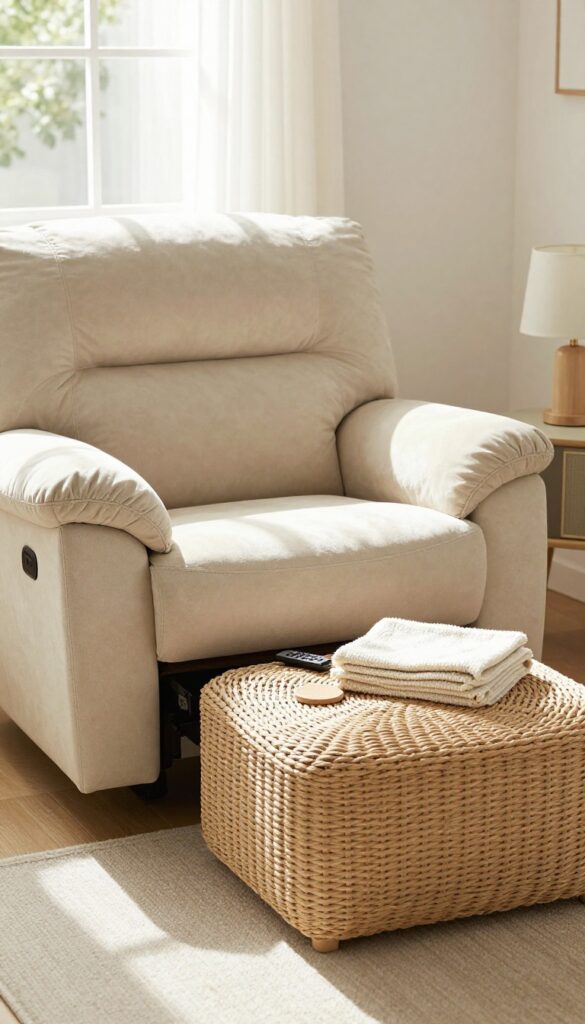 Cozy living room with recliner and small woven ottoman used as footrest and storage