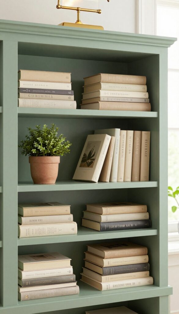 Sage green bookshelf back panel with books, terracotta vase, plant, and lamp in warm natural light