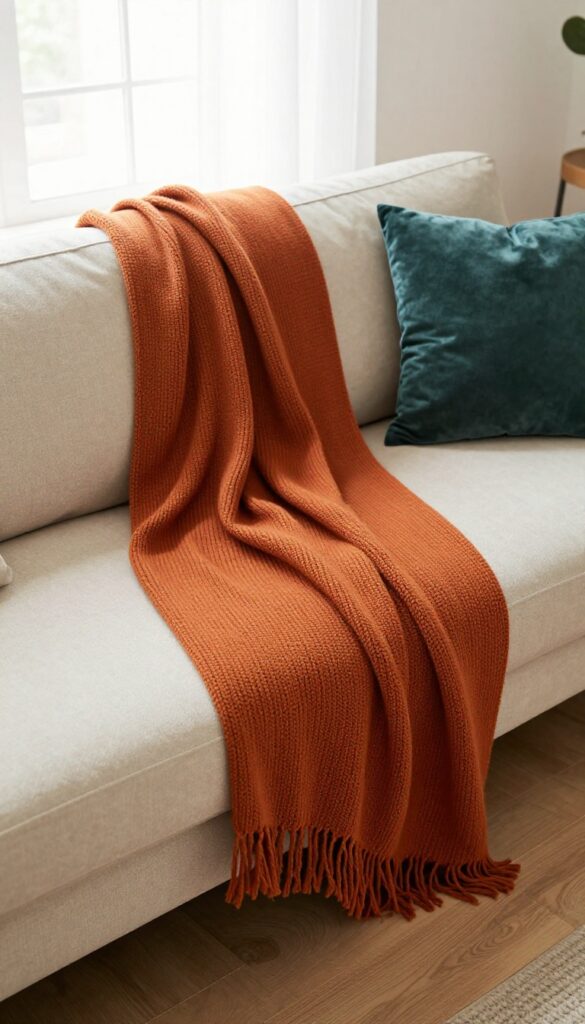 A plain beige sofa with a casually draped fringed throw blanket in warm burnt orange and mustard tones, creating a cozy bohemian living room corner.