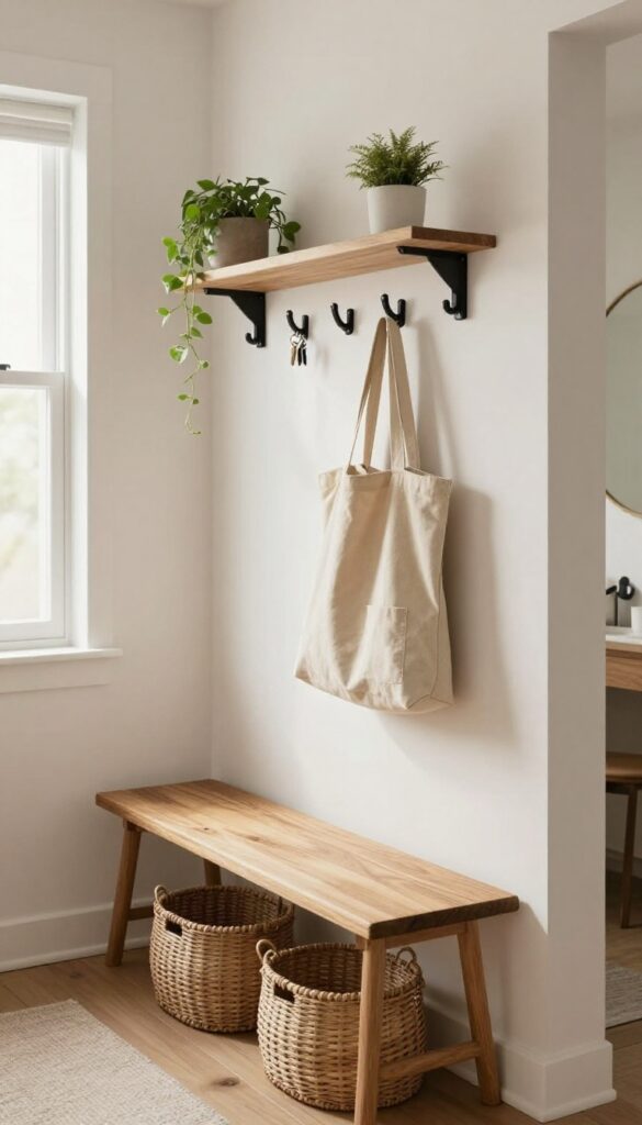 A mudroom-style drop zone in a living room alcove with hooks, bench, baskets, and shelf, styled with natural light and neutral tones.