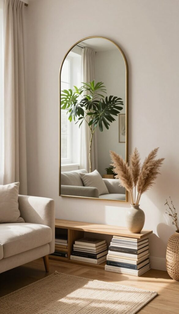 Arched mirror leaning against wall behind sofa reflecting plant and window light