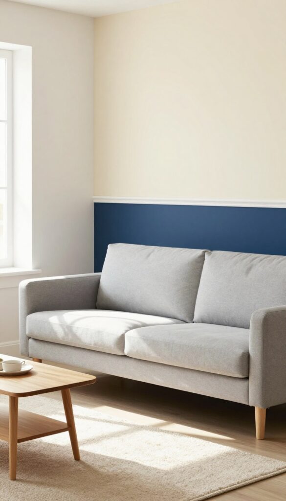 A small living room with a two-tone accent wall featuring navy blue lower half and cream upper half, separated by a white chair rail, with a sofa and coffee table in natural light.
