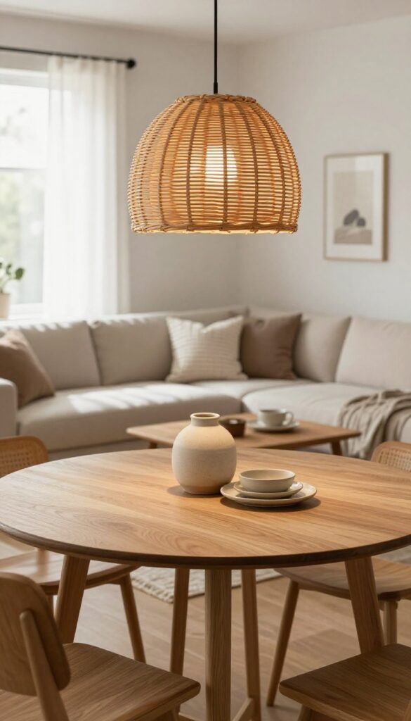 Small living room with dining area, pendant light over table, woven rattan shade, warm glow, neutral decor, natural light.