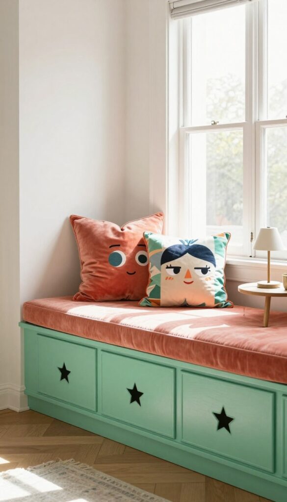 Window seat with storage drawers in a bright living room, featuring coral cushion, mint green base, and playful pillows.