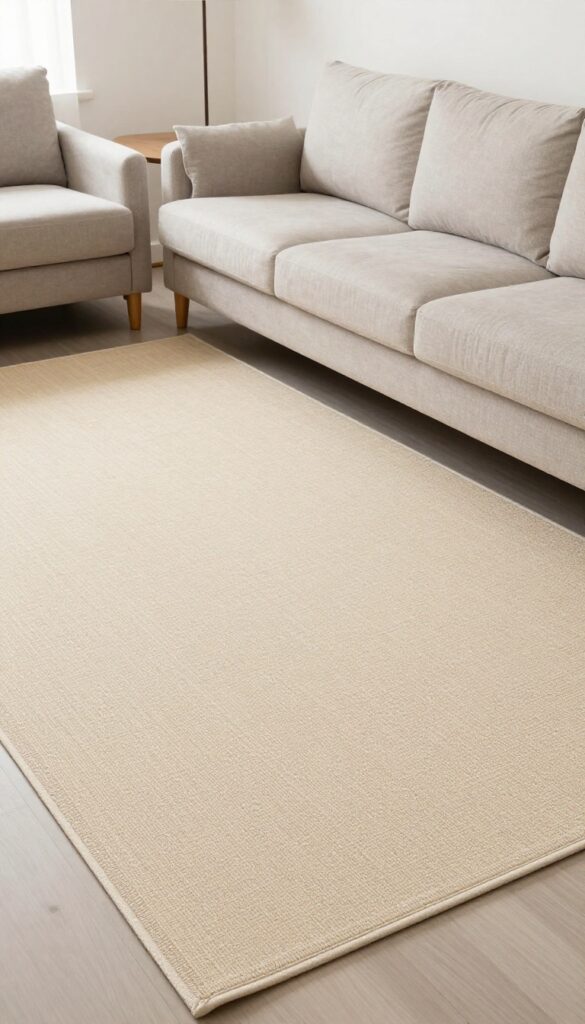 A narrow living room with a runner rug anchoring a seating area, featuring a sofa and two armchairs, warm beige tones, and natural light.