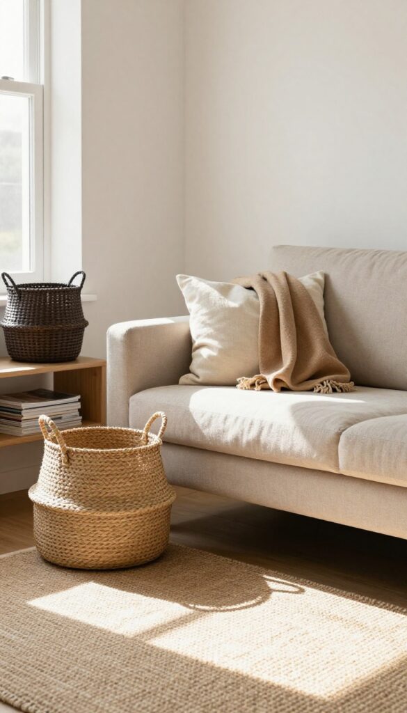 Woven baskets in a cozy brown and beige living room, one large basket by the sofa with blankets, one small basket on a shelf with magazines, natural light, warm tones.